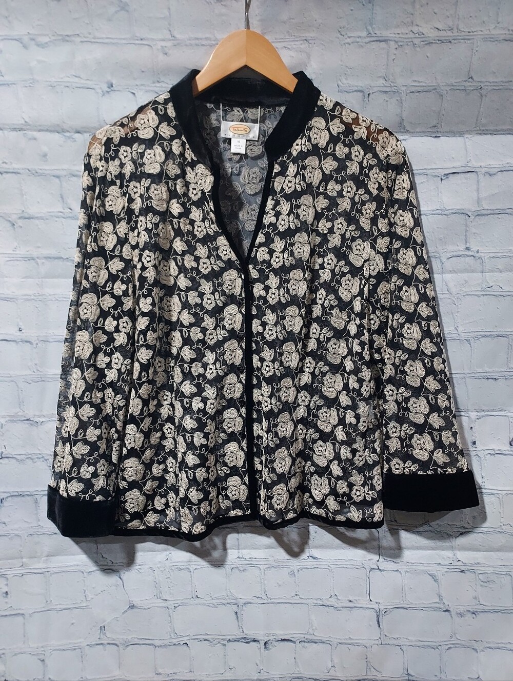 Talbots 16P Petite Jacket Top Sheer Floral Button Front Embroidered Velvet Trim